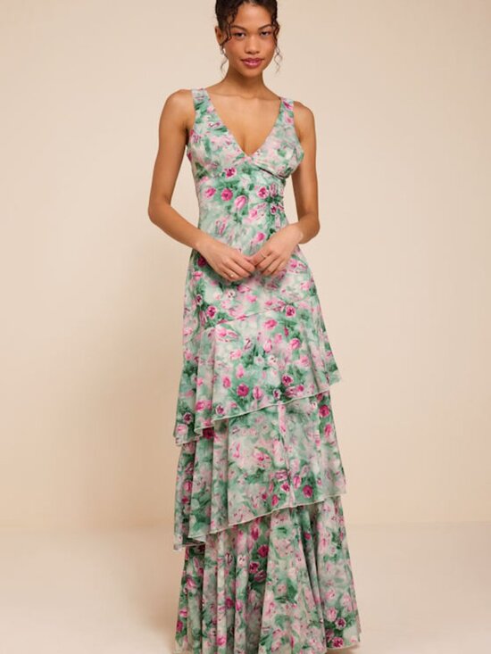 Lulus Dresses & Skirts - Lulus Somerset Sage Multi Floral Tiered Maxi Dress Green - Size XL
